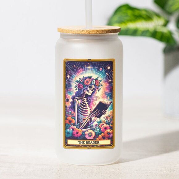 The Reader Tarot Card Tumbler, Gothic Floral Skeleton Cup, Cute Bookish Gift - Picture 1 of 6